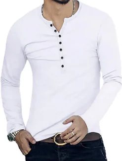 Hot OUKU Men's Button T Shirt T Shirt Long Sleeve Shirt Long Sleeve Stand Collar Spring & Fall Plain Lightweight Classic Casual Button-Down Vacation Casual Holiday Wine Black White Top Tee for Men