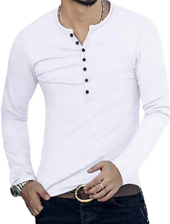 Hot OUKU Men's Button T Shirt T Shirt Long Sleeve Shirt Long Sleeve Stand Collar Spring & Fall Plain Lightweight Classic Casual Button-Down Vacation Casual Holiday Wine Black White Top Tee for Men