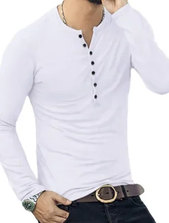 Hot OUKU Men's Button T Shirt T Shirt Long Sleeve Shirt Long Sleeve Stand Collar Spring & Fall Plain Lightweight Classic Casual Button-Down Vacation Casual Holiday Wine Black White Top Tee for Men