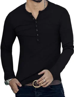 Hot OUKU Men's Button T Shirt T Shirt Long Sleeve Shirt Long Sleeve Stand Collar Spring & Fall Plain Lightweight Classic Casual Button-Down Vacation Casual Holiday Wine Black White Top Tee for Men