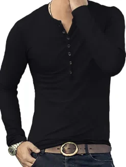 Hot OUKU Men's Button T Shirt T Shirt Long Sleeve Shirt Long Sleeve Stand Collar Spring & Fall Plain Lightweight Classic Casual Button-Down Vacation Casual Holiday Wine Black White Top Tee for Men