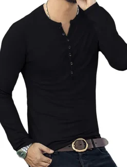 Hot OUKU Men's Button T Shirt T Shirt Long Sleeve Shirt Long Sleeve Stand Collar Spring & Fall Plain Lightweight Classic Casual Button-Down Vacation Casual Holiday Wine Black White Top Tee for Men