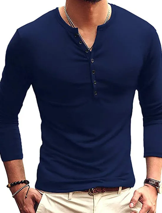 Hot OUKU Men's Button T Shirt T Shirt Long Sleeve Shirt Long Sleeve Stand Collar Spring & Fall Plain Lightweight Classic Casual Button-Down Vacation Casual Holiday Wine Black White Top Tee for Men