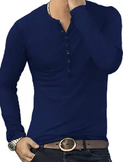 Hot OUKU Men's Button T Shirt T Shirt Long Sleeve Shirt Long Sleeve Stand Collar Spring & Fall Plain Lightweight Classic Casual Button-Down Vacation Casual Holiday Wine Black White Top Tee for Men