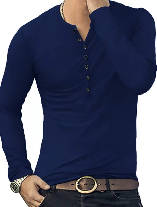 Hot OUKU Men's Button T Shirt T Shirt Long Sleeve Shirt Long Sleeve Stand Collar Spring & Fall Plain Lightweight Classic Casual Button-Down Vacation Casual Holiday Wine Black White Top Tee for Men