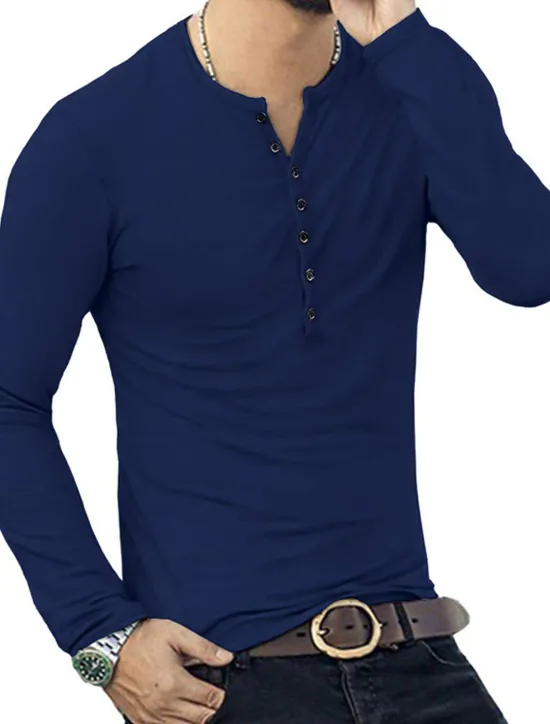 Hot OUKU Men's Button T Shirt T Shirt Long Sleeve Shirt Long Sleeve Stand Collar Spring & Fall Plain Lightweight Classic Casual Button-Down Vacation Casual Holiday Wine Black White Top Tee for Men