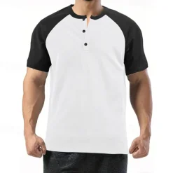 Hot OUKU Men's Button T Shirt T Shirt Henley Shirt Tee Short Sleeve Henley Summer Color Block Fashion Designer Basic Patchwork Vacation Street Going out White Wine Camel Top Tee for Men