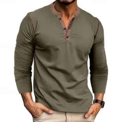 Online OUKU Men's Button T Shirt T Shirt Henley Shirt Tee Long Sleeve Henley Spring & Fall Patchwork Fashion Designer Basic Patchwork Vacation Street Going out Wine Black White Top Tee for Men