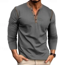 Online OUKU Men's Button T Shirt T Shirt Henley Shirt Tee Long Sleeve Henley Spring & Fall Patchwork Fashion Designer Basic Patchwork Vacation Street Going out Wine Black White Top Tee for Men