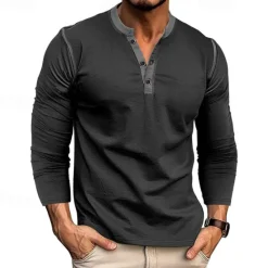 Online OUKU Men's Button T Shirt T Shirt Henley Shirt Tee Long Sleeve Henley Spring & Fall Patchwork Fashion Designer Basic Patchwork Vacation Street Going out Wine Black White Top Tee for Men