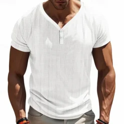 New OUKU Men's Button T Shirt T Shirt Henley Shirt Tee Short Sleeve Henley Summer Solid / Plain Color Fashion Designer Knitting Vacation Street Going out Navy Black White Top Tee for Men