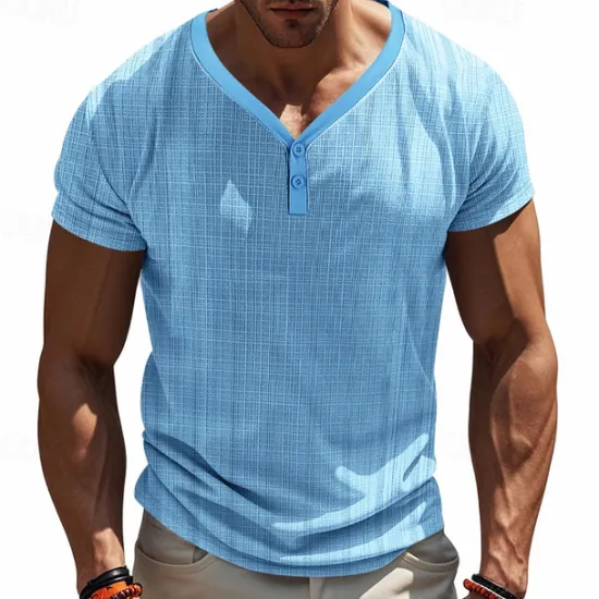 New OUKU Men's Button T Shirt T Shirt Henley Shirt Tee Short Sleeve Henley Summer Solid / Plain Color Fashion Designer Knitting Vacation Street Going out Navy Black White Top Tee for Men