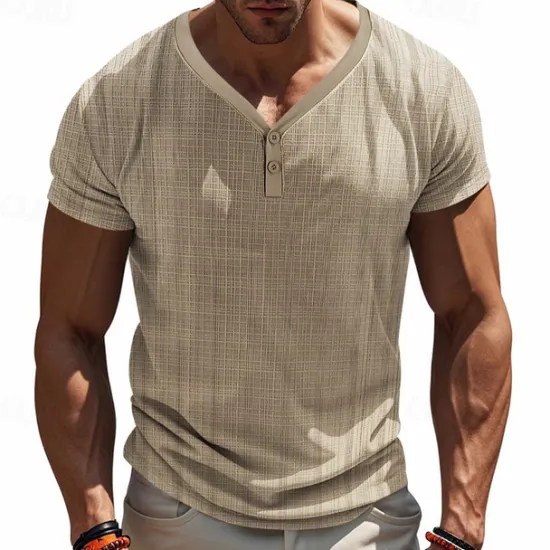 New OUKU Men's Button T Shirt T Shirt Henley Shirt Tee Short Sleeve Henley Summer Solid / Plain Color Fashion Designer Knitting Vacation Street Going out Navy Black White Top Tee for Men