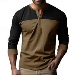 Hot OUKU Men's Button T Shirt T Shirt Henley Shirt Tee Long Sleeve Henley Spring & Fall Color Block Fashion Designer Basic Patchwork Vacation Street Going out Black Brown Army Green Top Tee for Men
