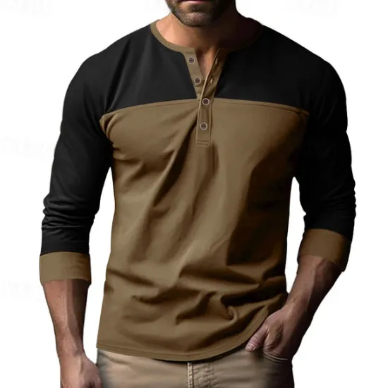 Hot OUKU Men's Button T Shirt T Shirt Henley Shirt Tee Long Sleeve Henley Spring & Fall Color Block Fashion Designer Basic Patchwork Vacation Street Going out Black Brown Army Green Top Tee for Men