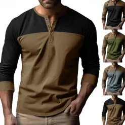 Hot OUKU Men's Button T Shirt T Shirt Henley Shirt Tee Long Sleeve Henley Spring & Fall Color Block Fashion Designer Basic Patchwork Vacation Street Going out Black Brown Army Green Top Tee for Men
