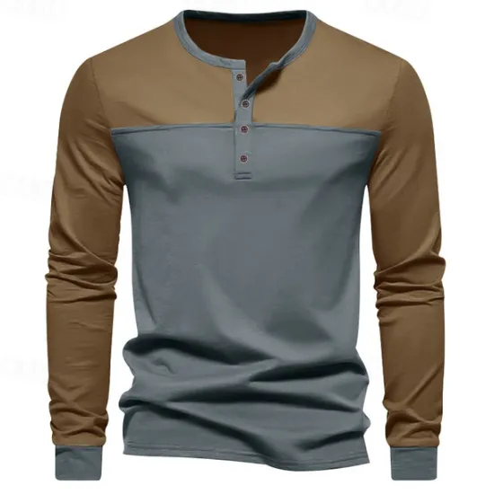 Hot OUKU Men's Button T Shirt T Shirt Henley Shirt Tee Long Sleeve Henley Spring & Fall Color Block Fashion Designer Basic Patchwork Vacation Street Going out Black Brown Army Green Top Tee for Men