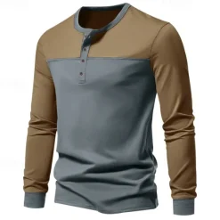 Hot OUKU Men's Button T Shirt T Shirt Henley Shirt Tee Long Sleeve Henley Spring & Fall Color Block Fashion Designer Basic Patchwork Vacation Street Going out Black Brown Army Green Top Tee for Men