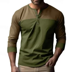 Hot OUKU Men's Button T Shirt T Shirt Henley Shirt Tee Long Sleeve Henley Spring & Fall Color Block Fashion Designer Basic Patchwork Vacation Street Going out Black Brown Army Green Top Tee for Men
