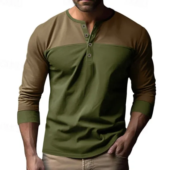 Hot OUKU Men's Button T Shirt T Shirt Henley Shirt Tee Long Sleeve Henley Spring & Fall Color Block Fashion Designer Basic Patchwork Vacation Street Going out Black Brown Army Green Top Tee for Men
