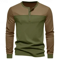 Hot OUKU Men's Button T Shirt T Shirt Henley Shirt Tee Long Sleeve Henley Spring & Fall Color Block Fashion Designer Basic Patchwork Vacation Street Going out Black Brown Army Green Top Tee for Men