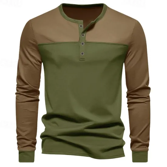Hot OUKU Men's Button T Shirt T Shirt Henley Shirt Tee Long Sleeve Henley Spring & Fall Color Block Fashion Designer Basic Patchwork Vacation Street Going out Black Brown Army Green Top Tee for Men