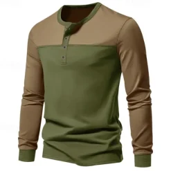 Hot OUKU Men's Button T Shirt T Shirt Henley Shirt Tee Long Sleeve Henley Spring & Fall Color Block Fashion Designer Basic Patchwork Vacation Street Going out Black Brown Army Green Top Tee for Men