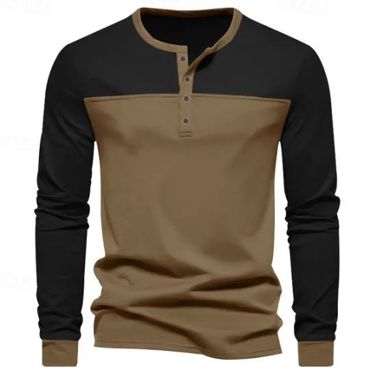 Hot OUKU Men's Button T Shirt T Shirt Henley Shirt Tee Long Sleeve Henley Spring & Fall Color Block Fashion Designer Basic Patchwork Vacation Street Going out Black Brown Army Green Top Tee for Men