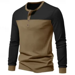 Hot OUKU Men's Button T Shirt T Shirt Henley Shirt Tee Long Sleeve Henley Spring & Fall Color Block Fashion Designer Basic Patchwork Vacation Street Going out Black Brown Army Green Top Tee for Men
