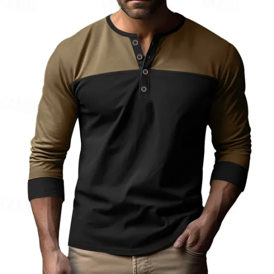 Hot OUKU Men's Button T Shirt T Shirt Henley Shirt Tee Long Sleeve Henley Spring & Fall Color Block Fashion Designer Basic Patchwork Vacation Street Going out Black Brown Army Green Top Tee for Men