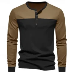 Hot OUKU Men's Button T Shirt T Shirt Henley Shirt Tee Long Sleeve Henley Spring & Fall Color Block Fashion Designer Basic Patchwork Vacation Street Going out Black Brown Army Green Top Tee for Men