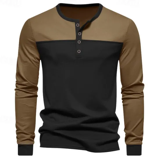Hot OUKU Men's Button T Shirt T Shirt Henley Shirt Tee Long Sleeve Henley Spring & Fall Color Block Fashion Designer Basic Patchwork Vacation Street Going out Black Brown Army Green Top Tee for Men