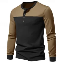 Hot OUKU Men's Button T Shirt T Shirt Henley Shirt Tee Long Sleeve Henley Spring & Fall Color Block Fashion Designer Basic Patchwork Vacation Street Going out Black Brown Army Green Top Tee for Men