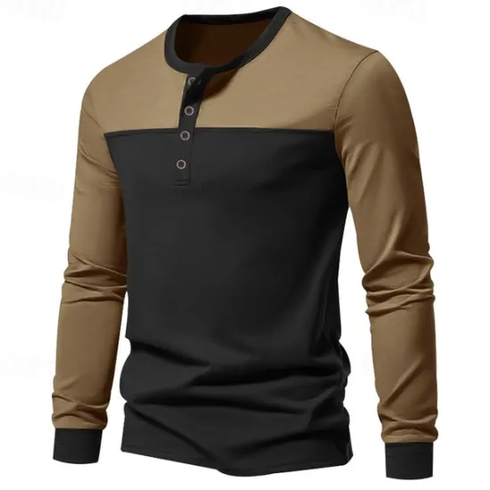 Hot OUKU Men's Button T Shirt T Shirt Henley Shirt Tee Long Sleeve Henley Spring & Fall Color Block Fashion Designer Basic Patchwork Vacation Street Going out Black Brown Army Green Top Tee for Men