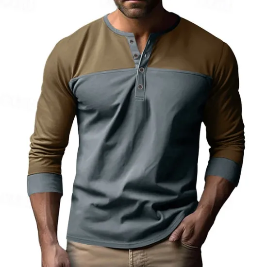 Hot OUKU Men's Button T Shirt T Shirt Henley Shirt Tee Long Sleeve Henley Spring & Fall Color Block Fashion Designer Basic Patchwork Vacation Street Going out Black Brown Army Green Top Tee for Men
