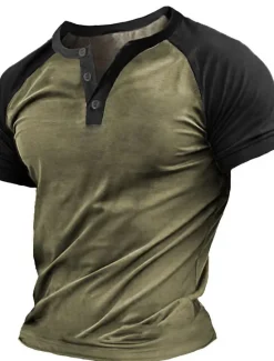 OUKU Men's Button T Shirt T Shirt Henley Shirt Cool Shirt Short Sleeves Henley Summer Color Block Designer Basic Modern Contemporary Patchwork Vacation Street Going out Navy Blue Brown Army Green Top Tee