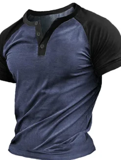 OUKU Men's Button T Shirt T Shirt Henley Shirt Cool Shirt Short Sleeves Henley Summer Color Block Designer Basic Modern Contemporary Patchwork Vacation Street Going out Navy Blue Brown Army Green Top Tee