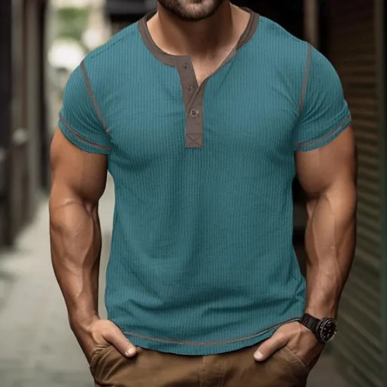 Online OUKU Men's Button T Shirt T Shirt Waffle Henley Shirt Henley Shirt Short Sleeve Henley Spring & Summer Color Block Fashion Designer Basic Patchwork Vacation Street Going out Black White Royal Blue Top Tee