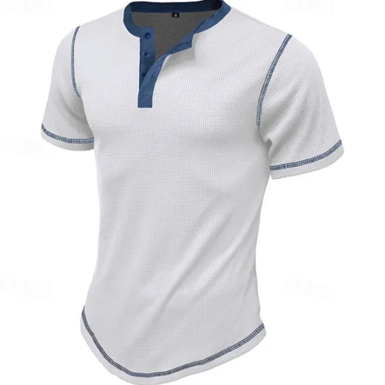Online OUKU Men's Button T Shirt T Shirt Waffle Henley Shirt Henley Shirt Short Sleeve Henley Spring & Summer Color Block Fashion Designer Basic Patchwork Vacation Street Going out Black White Royal Blue Top Tee