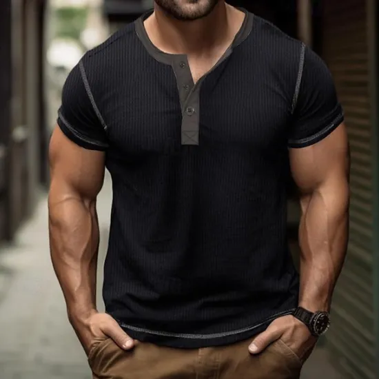Online OUKU Men's Button T Shirt T Shirt Waffle Henley Shirt Henley Shirt Short Sleeve Henley Spring & Summer Color Block Fashion Designer Basic Patchwork Vacation Street Going out Black White Royal Blue Top Tee