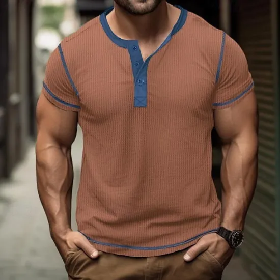 Online OUKU Men's Button T Shirt T Shirt Waffle Henley Shirt Henley Shirt Short Sleeve Henley Spring & Summer Color Block Fashion Designer Basic Patchwork Vacation Street Going out Black White Royal Blue Top Tee