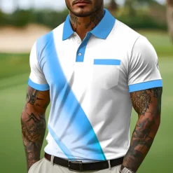 Online OUKU Men's Button Up Polos Business Casual Lapel Short Sleeve Office Geometic Line Buttons Pocket Summer Yellow Blue Orange Gray Button Up Polos