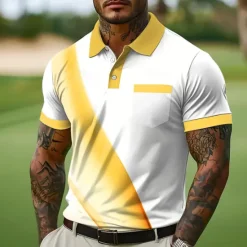 Online OUKU Men's Button Up Polos Business Casual Lapel Short Sleeve Office Geometic Line Buttons Pocket Summer Yellow Blue Orange Gray Button Up Polos