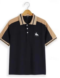 OUKU Men's Button Up Polos Cotton Polo Shirt Casual Holiday Lapel Short Sleeve Fashion Basic Color Block Patchwork Embroidered Summer Regular Fit Black Wine Navy Blue Green Grey Button Up Polos
