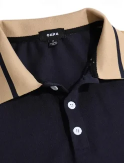 OUKU Men's Button Up Polos Cotton Polo Shirt Casual Holiday Lapel Short Sleeve Fashion Basic Color Block Patchwork Embroidered Summer Regular Fit Black Wine Navy Blue Green Grey Button Up Polos