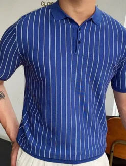 OUKU Men's Button Up Polos Golf Shirt Casual Sports Lapel Short Sleeve Fashion Basic Stripes Patchwork Buttons Summer Button Up Polos Blue