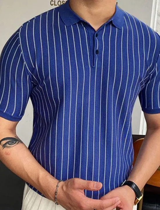 OUKU Men's Button Up Polos Golf Shirt Casual Sports Lapel Short Sleeve Fashion Basic Stripes Patchwork Buttons Summer Button Up Polos Blue