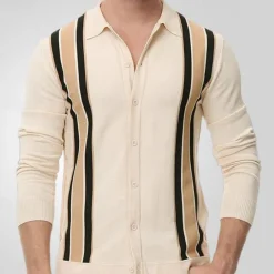 Discount OUKU Men's Button Up Polos Golf Shirt Casual Sports Lapel Long Sleeve Fashion Basic Color Block Stripes Patchwork Buttons Spring Fall Black Apricot Button Up Polos