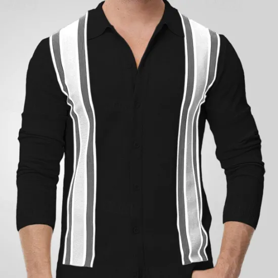 Discount OUKU Men's Button Up Polos Golf Shirt Casual Sports Lapel Long Sleeve Fashion Basic Color Block Stripes Patchwork Buttons Spring Fall Black Apricot Button Up Polos