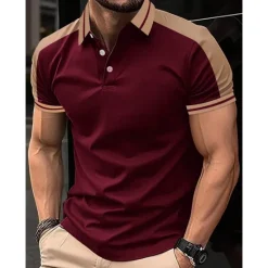 Clearance OUKU Men's Button Up Polos Golf Shirt Casual Holiday Lapel Short Sleeve Fashion Basic Color Block Patchwork Embroidered Summer Regular Fit Wine Black Navy Blue Green Light Blue Grey Button Up Polos